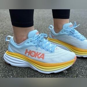 Hoka bondi 8 Women's Light Blue and Yellow Athletic Shoes